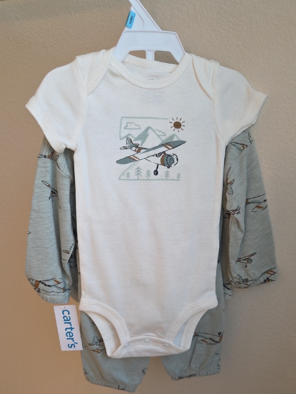 Carter's Cream and Light Green Airplane Set